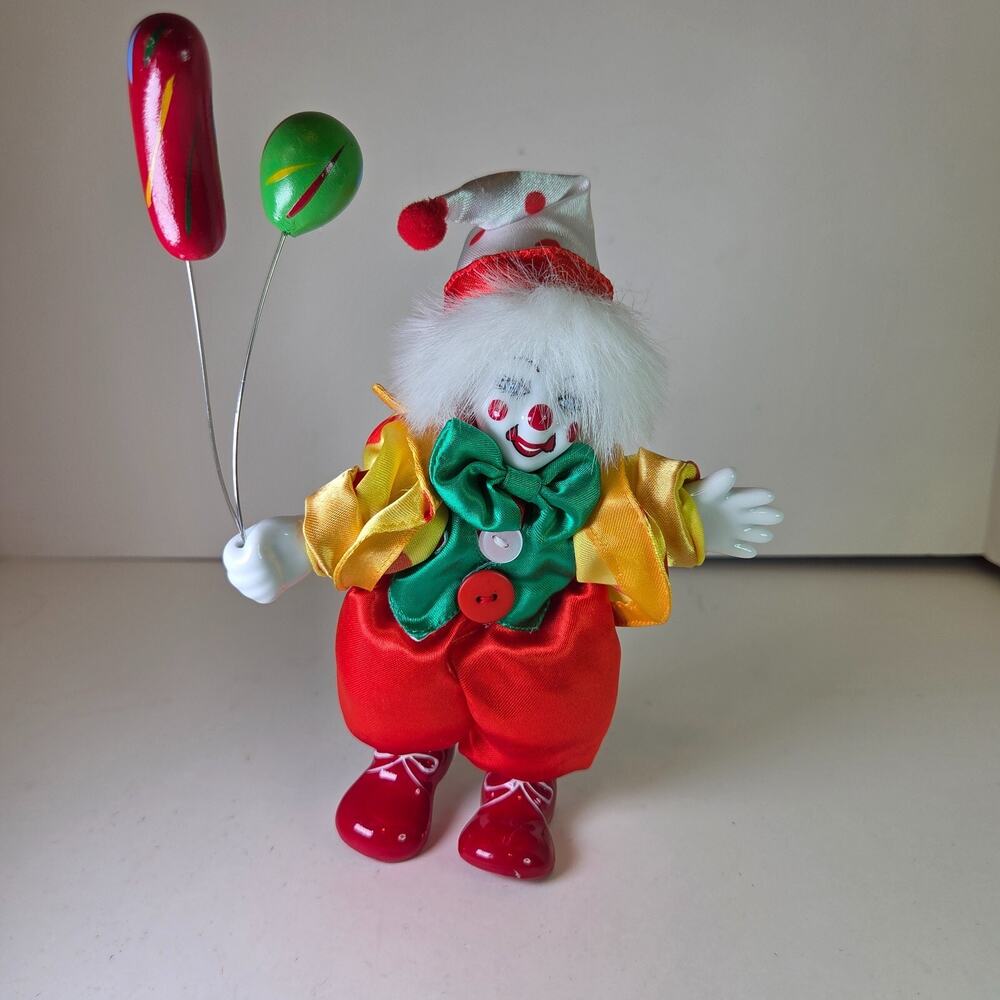 Vintage Porcelain Clown Doll Holding Balloons Fabric Body Red Yellow 7.5"